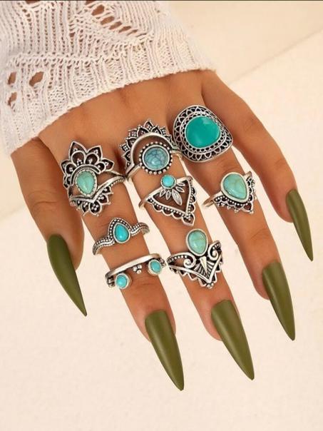 خاتم بديكور حجر فيروز 8 قطع