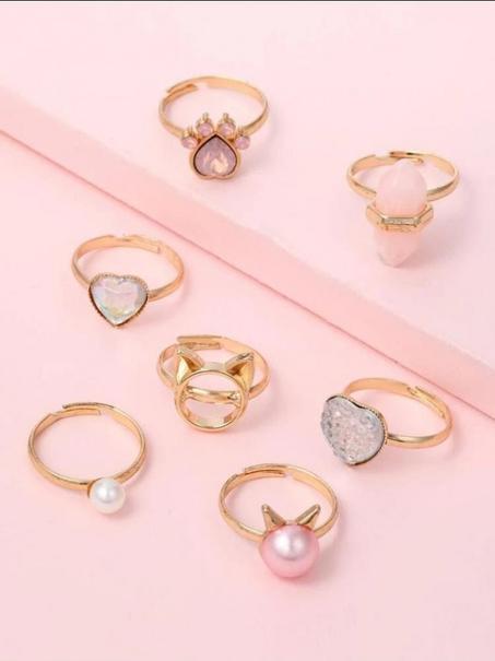 خاتم مزخرف بالقلب واللؤلؤ الصناعي 7 قطع