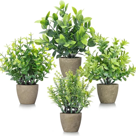 Paquete de 4 plantas falsas de cerámica, mini plantas artificiales en maceta para decoración del hogar, oficina, decoración de habitación, decoración de granja, mesa de interior, decoración