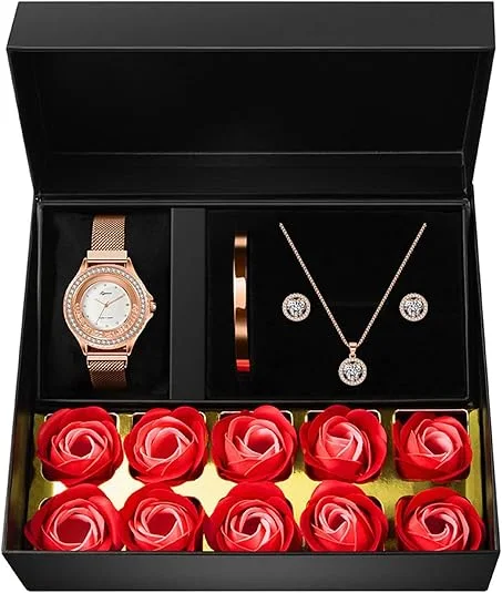 Regalos de joyería para mujeres, conjuntos de 4 piezas, reloj de oro rosa, collar, pendientes, pulsera, regalos de cumpleaños para mujeres, conjuntos de joyería para mujeres, regalo para espo