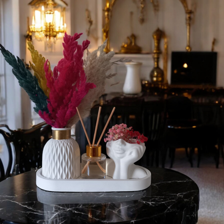 Combinaison entre un vase nordique pot penseur et diffuseur de parfum maison