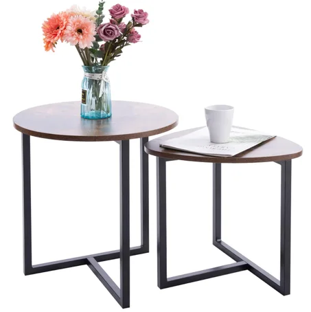 اني فيش طقم طاولة قهوة من قطعتين، جانبية عصرية بسيطة باطار الستيل، لغرفة المعيشة وغرفة النوم والمكتب بلون بني ريفي واسود، معدن