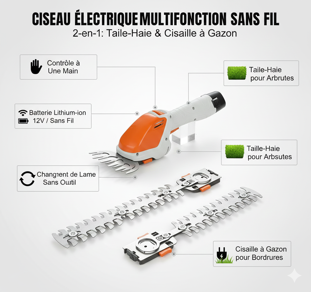 Cisaille Électrique Rechargeable Sans Fil 2-en-1 - Taille-Haie et Coupe-Bordure avec Lames Interchangeables