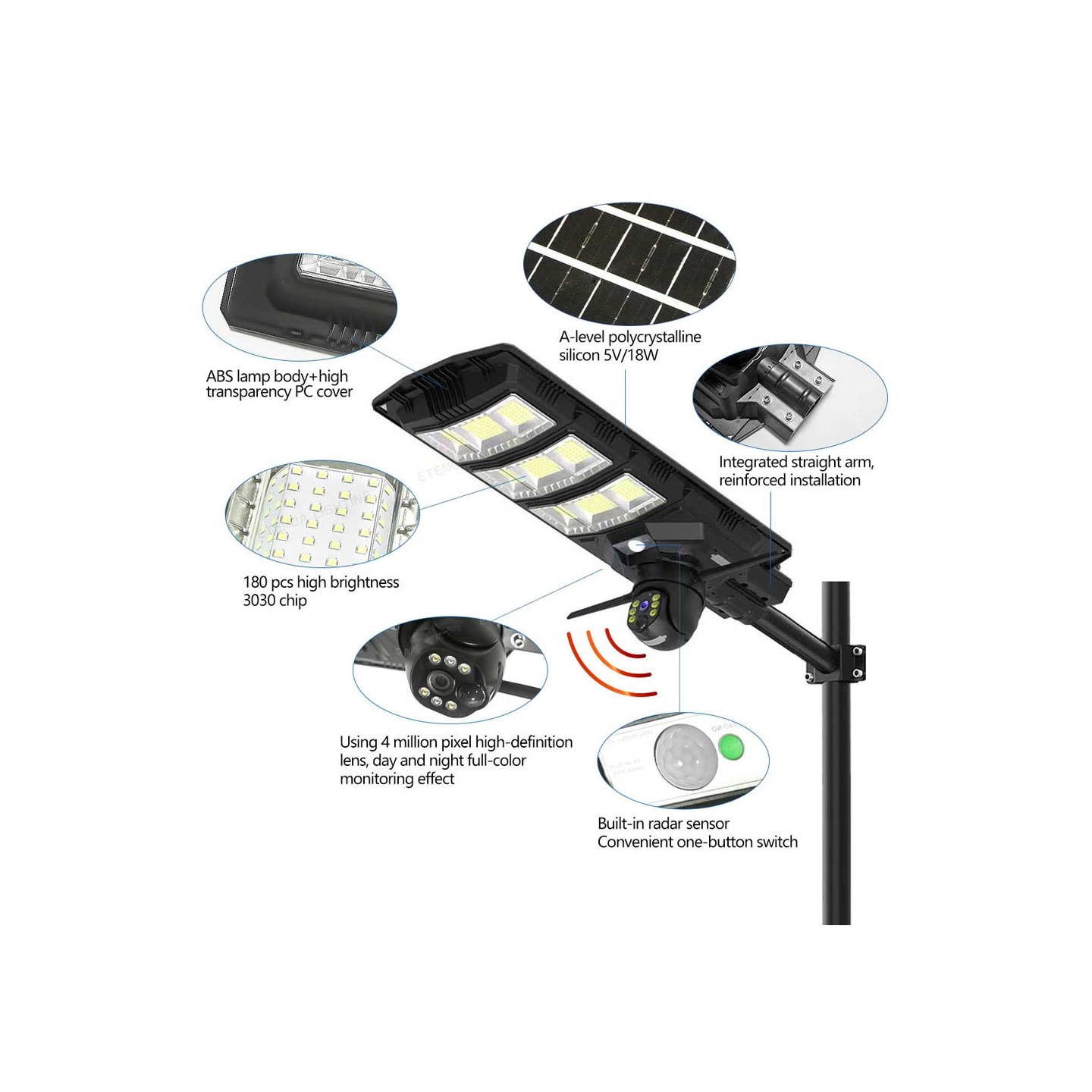 Projecteur solaire 450 W avec caméra intelligente intégrée 2-en-1 et contrôle à distance via 4G