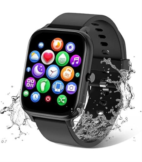 ساعة ذكية للرجال والنساء متوافقة مع جوال ايفون وسامسونج واندرويد بشاشة لمس كاملة 1.8 انش بتصنيف IP68 لمقاومة المياه والغبار مع خاصية تتبع اللياقة البدنية ومعدل ضربات القلب ومراقبة النوم، اسود