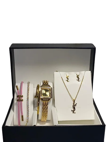 طقم متكامل للأناقة – ساعة ومجوهرات بلمسة ذهبية