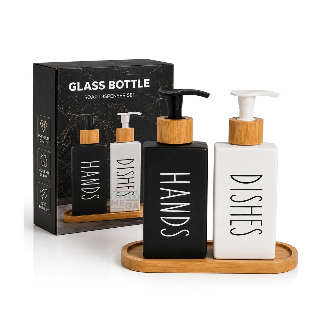 Set Distributeur Savon & Vaisselle en Céramique – Design Moderne avec Support Bambou