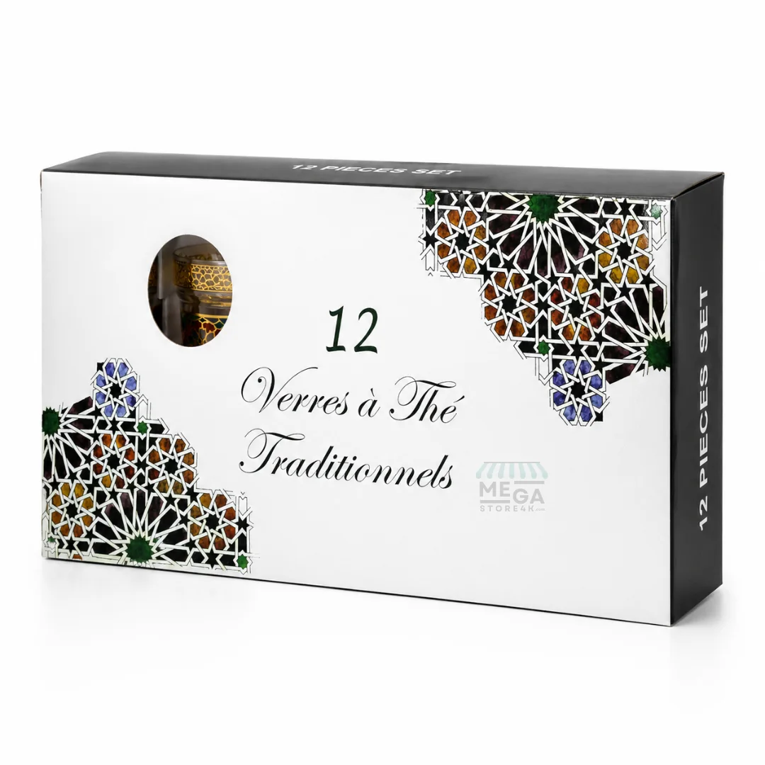 Verres à Thé Marocains Traditionnels – 12 Pièces | Design Doré & Coloré | 8.5 x 5.5 cm