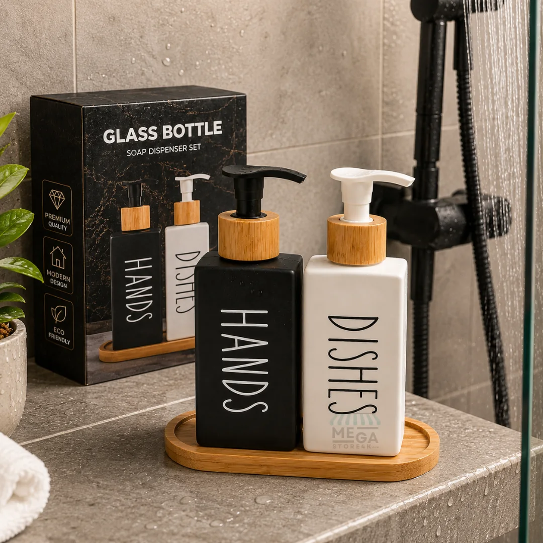 Set Distributeur Savon & Vaisselle en Céramique – Design Moderne avec Support Bambou