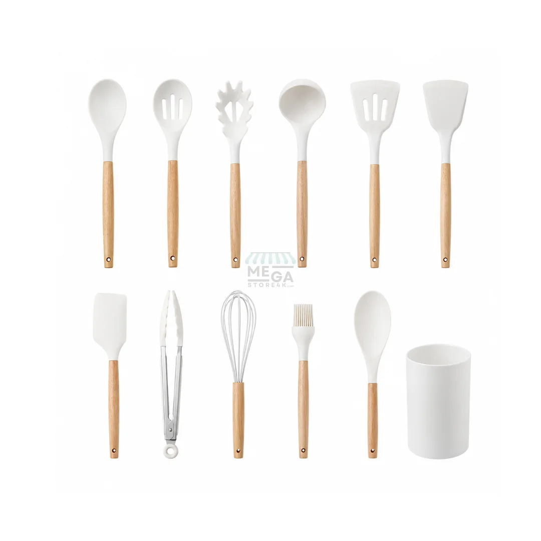 Set Ustensiles de Cuisine Silicone 12 Pièces avec Support – Design Moderne Bois & Blanc