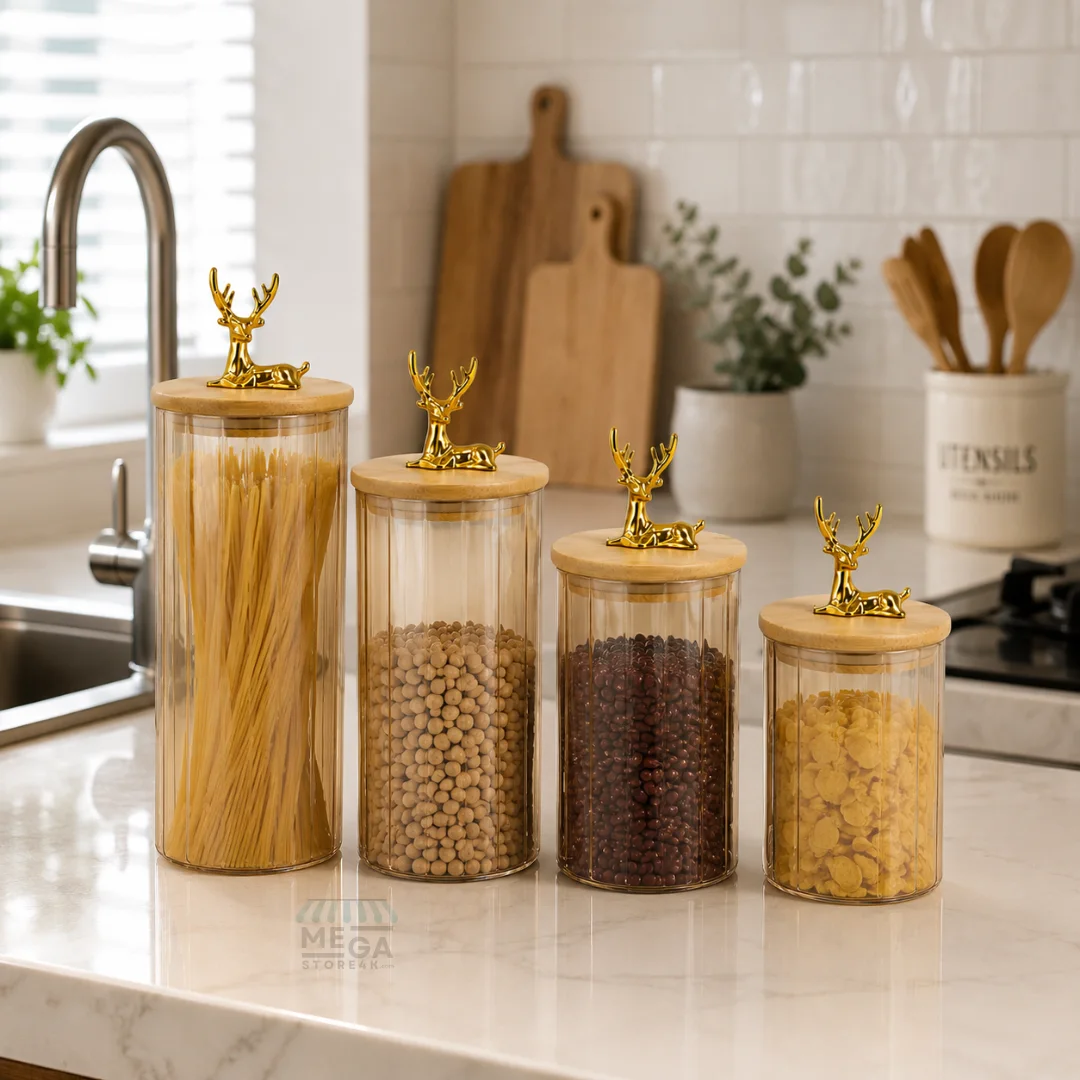 Set de Bocaux de Cuisine Élégants avec Couvercle Bambou & Cerf Doré – 4 Pièces