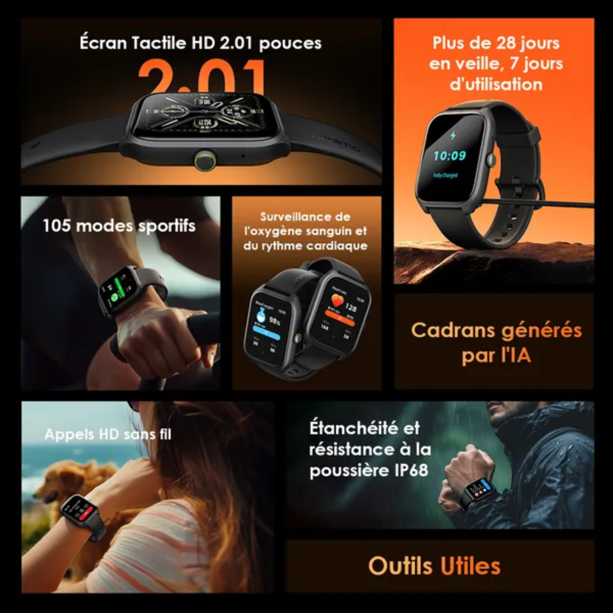 oraimo Watch 5 Lite Montre intelligente IP68 HD 2,01 pouces