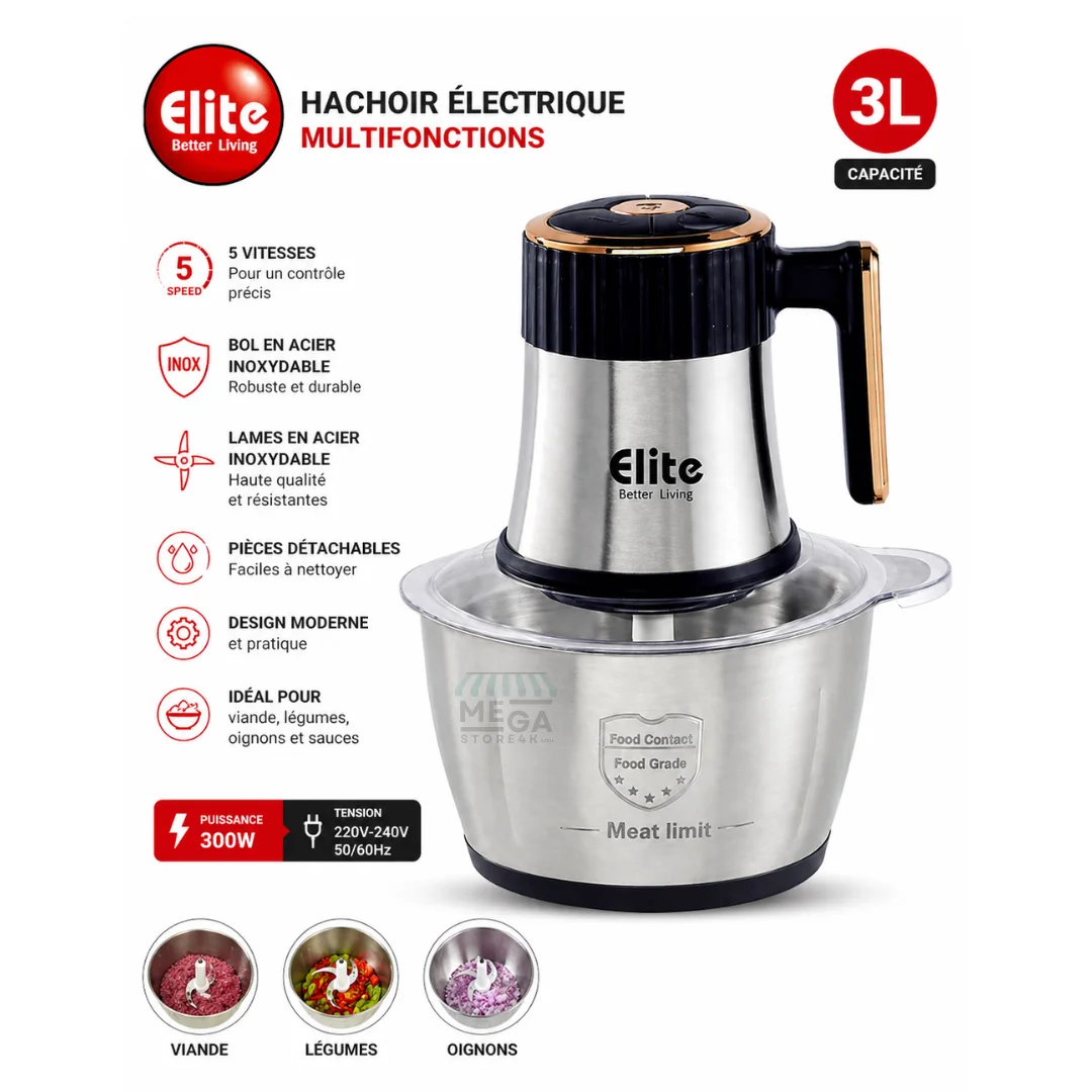 Hachoir Électrique Elite 3L – 300W | Multifonctions avec Bol Inox & 5 Vitesses