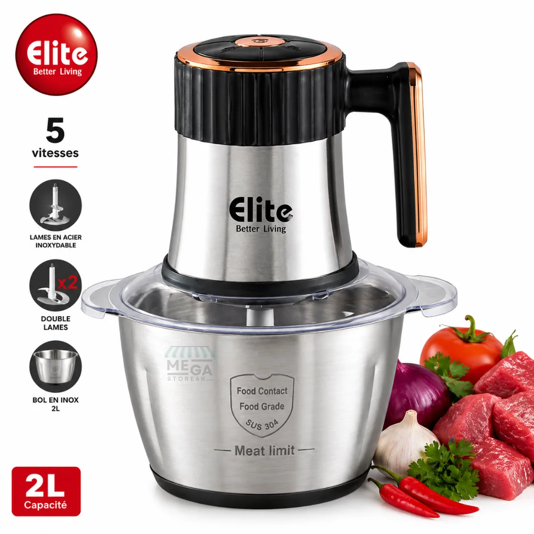 Hachoir Électrique Multifonctions Elite 2L – 5 Vitesses | Bol Inox | 250W