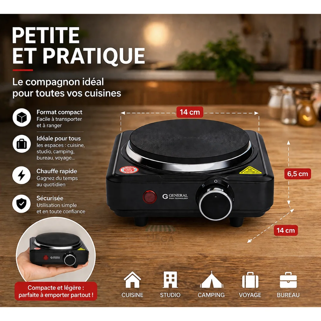 Plaque Électrique Compacte 14 cm – Petite, Pratique et Facile à Transporter