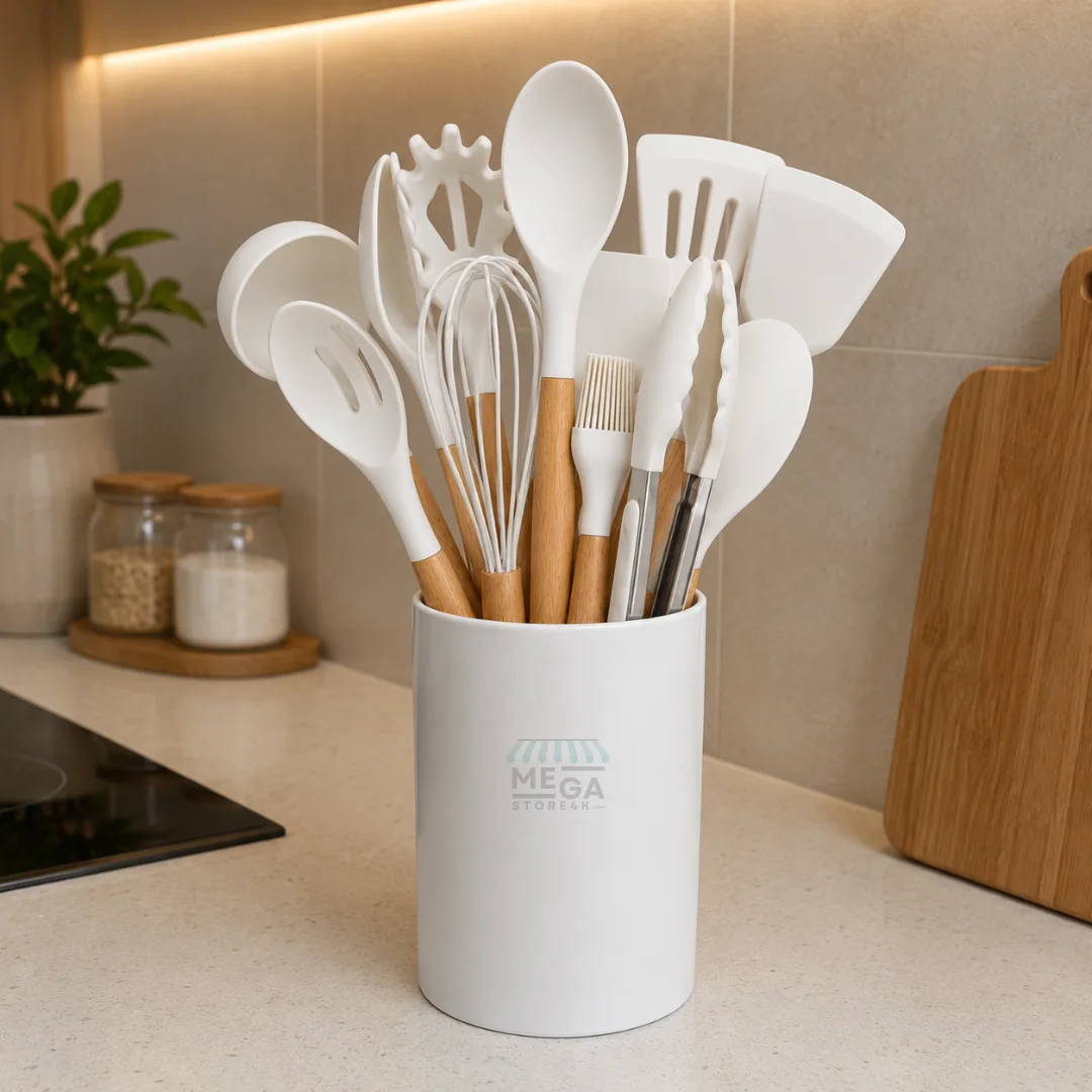 Set Ustensiles de Cuisine Silicone 12 Pièces avec Support – Design Moderne Bois & Blanc