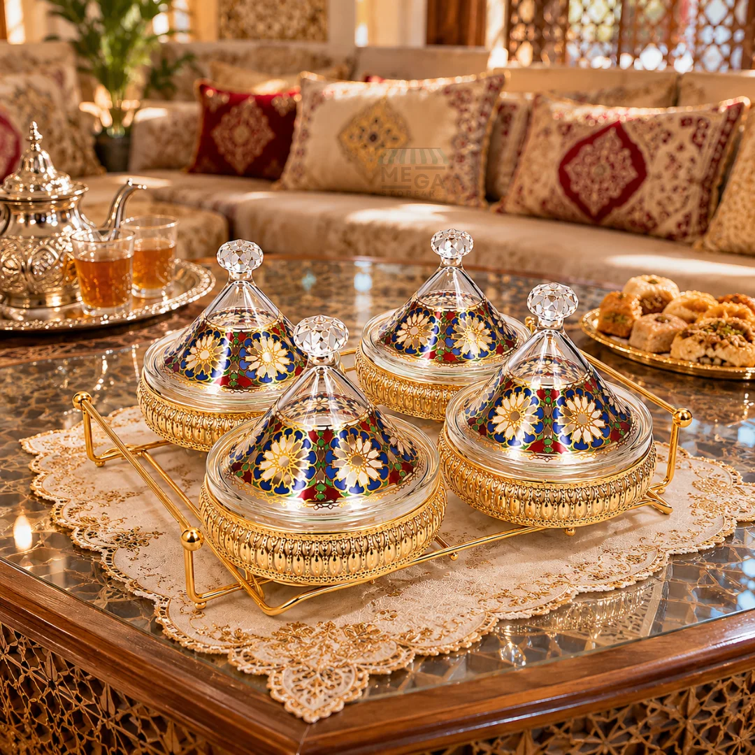 Service Marocain Élégant 4 Pièces pour Olives, Miel, Beurre & Huile d’Olive