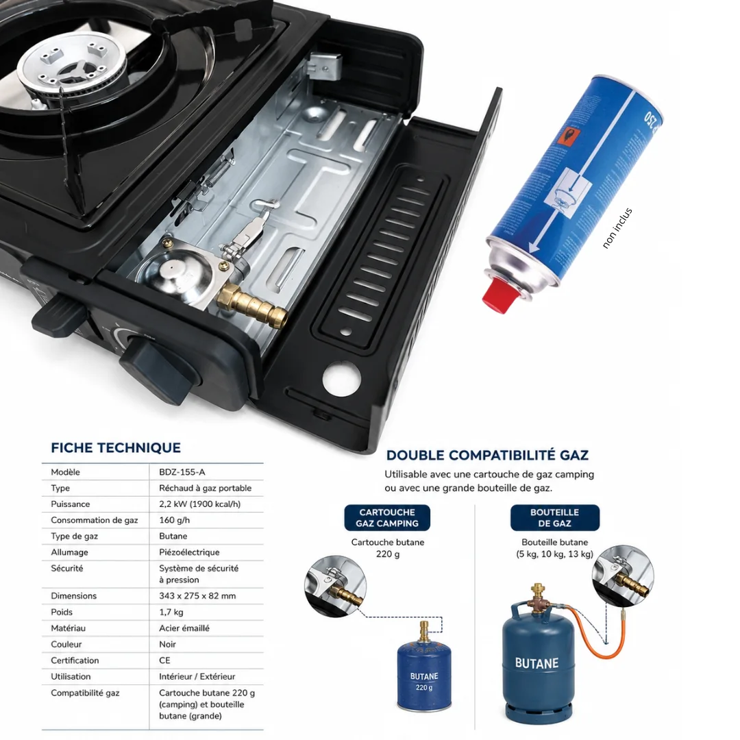 Réchaud à Gaz Portable Happy Home Compatible Cartouche Camping & Grande Bouteille Gaz