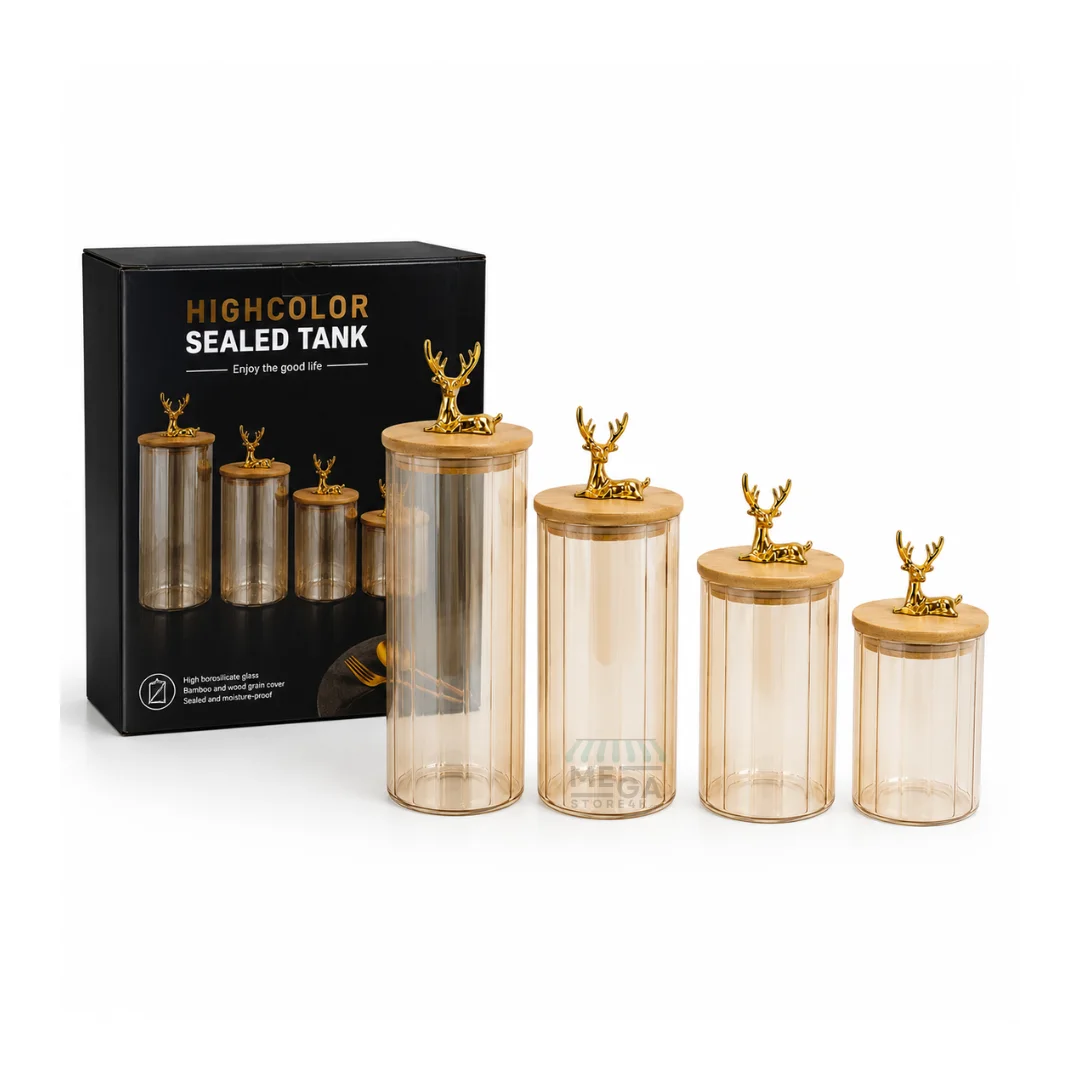 Set de Bocaux de Cuisine Élégants avec Couvercle Bambou & Cerf Doré – 4 Pièces