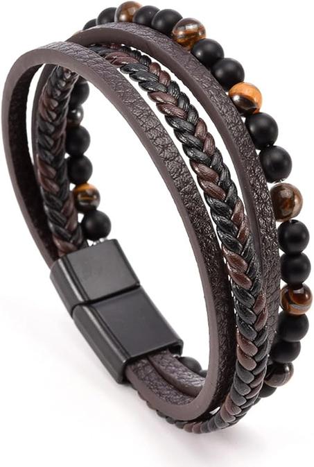 سوار جلدي للرجال اساور لينجي جلد مضفر متعدد الطبقات حجر عين النمر مع مشبك مغناطيسي فكرة هدية رائعة للرجال.