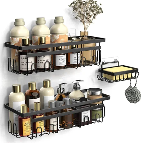 Vinabo Etagere Salle de Bain avec Porte-Savon, 3PCS,Etagere Douche sans Percage, Accessoire Salle de Bain Antirouille