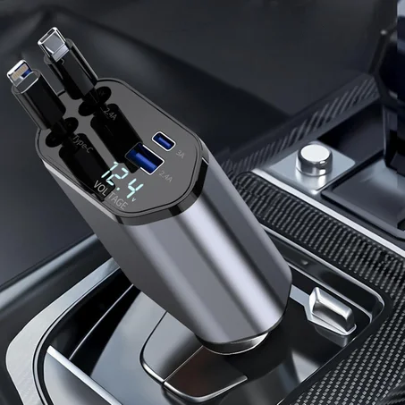 شاحن السيارة الذكي 60W - 4 IN 1 مع كابلات مدمجة – شحن سريع وتنظيم مثالي 🚗🔌