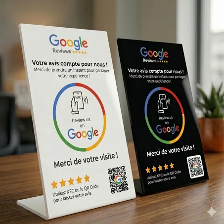 ستاند طاولة أكريليك ذكي بتقنية NFC و QR Code لتقييمات Google