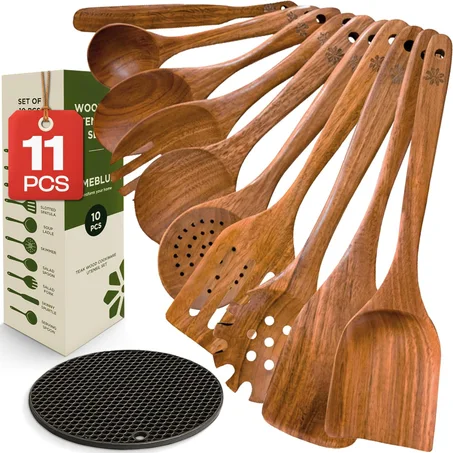 Juego de utensilios de cocina de madera de teca (10+1), herramientas de cocina de madera de primera calidad con alfombrilla de silicona adicional, antiadherente, ecológico, duradero y listo