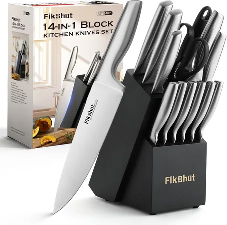Juego de Cuchillos de Cocina, FIKSHOT Juego de Cuchillos de Acero Inoxidable Premium con Bloque, Cuchillo Santoku Súper Afilado y Cuchillos de Frutas, Regalo para Cocineros Caseros, A Prueba 
