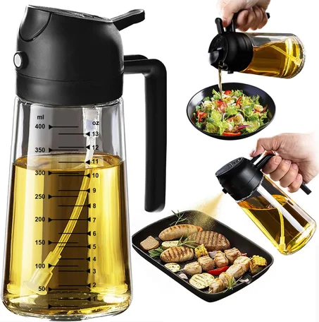 TrendPlain - Pulverizador de aceite de oliva de vidrio de 16oz/470ml para cocinar – Botella dispensadora de aceite de oliva 2 en 1 para accesorios de cocina y freidora de aire, ensalada, parr