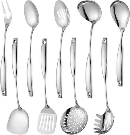 Lazycorner Juego de utensilios de cocina de acero inoxidable 304 de 9 piezas con acabado de espejo pulido, cucharas de cocina, cuchara ranurada, volteador, espátula, cuchara para pasta - apto