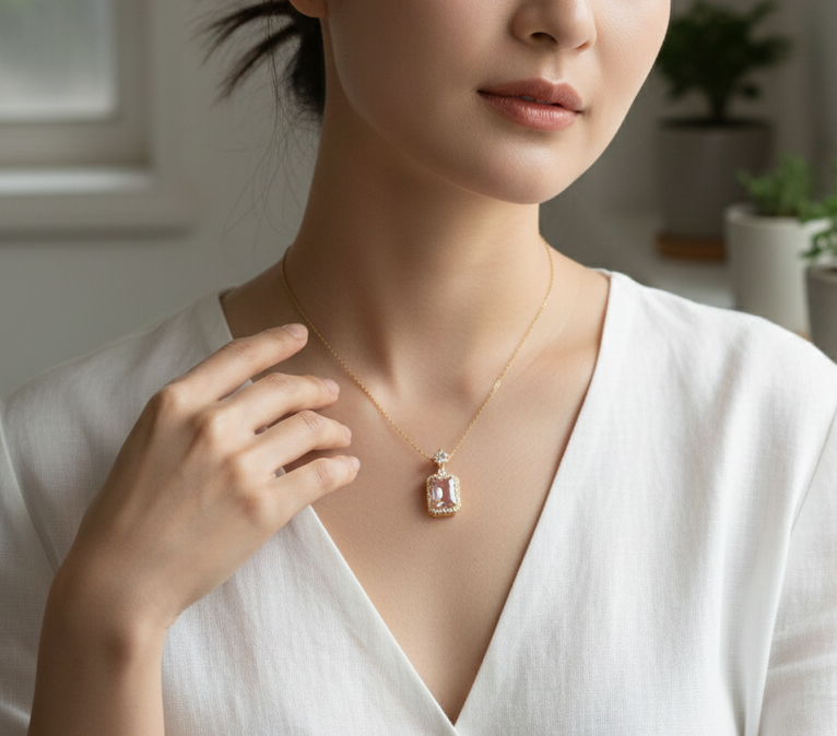 Collier Pendentif Élégant avec Pierre Rose Poudrée