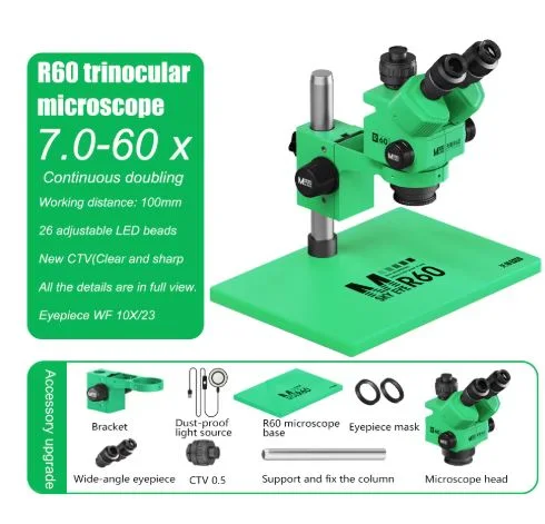 MaAnt Sky Eye R60 7-60X Zoom Trinocular Microscope 0.7X-6.0X Objective Lens PCB/SMD/BGA Industrial Microscope for Phone Repair