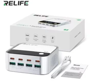 RELIFE Q2 120W 8-port GaN Charger Support PD/Dual QC/SCP 100W Smart Fast Charging for iPhone Android Electronic Devices tools