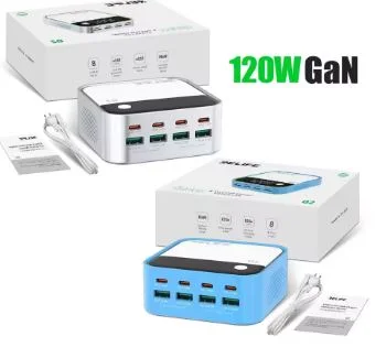 RELIFE Q2 120W 8-port GaN Charger Support PD/Dual QC/SCP 100W Smart Fast Charging for iPhone Android Electronic Devices tools