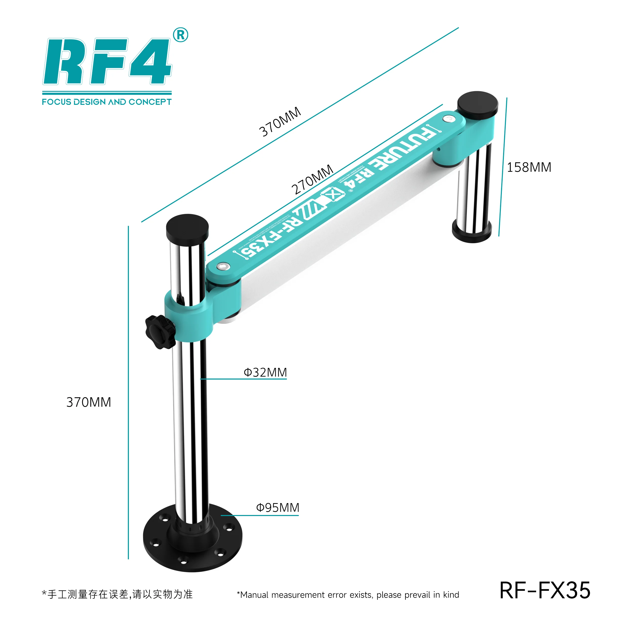 Support universel à bras pivotant en métal RF4 RF-FX35 à 360° avec fixation relevable pour la plupart des microscopes - 32 mm