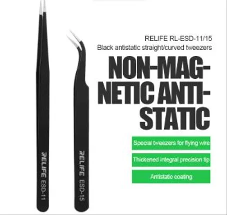 RELIFE RL-ESD-11/15 Black Anti-static Tweezer Non-slip Curved Straight Tip Precision Stainless Forceps Phone Repair Tool