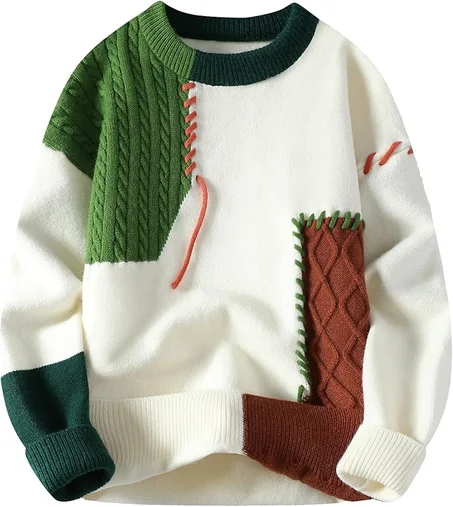 GURUNVANI Suéter de retazos para hombre con bloque de color, jersey de punto trenzado de gran tamaño