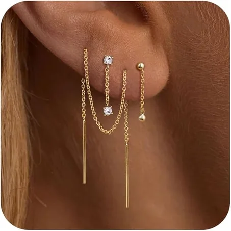 CHESKY Aretes colgantes para mujer, modernos y delicados aretes de cadena chapados en oro de 14 quilates para mujer, aretes de enhebrador simples, no se deslustra, hipoalergénicos, aretes lar