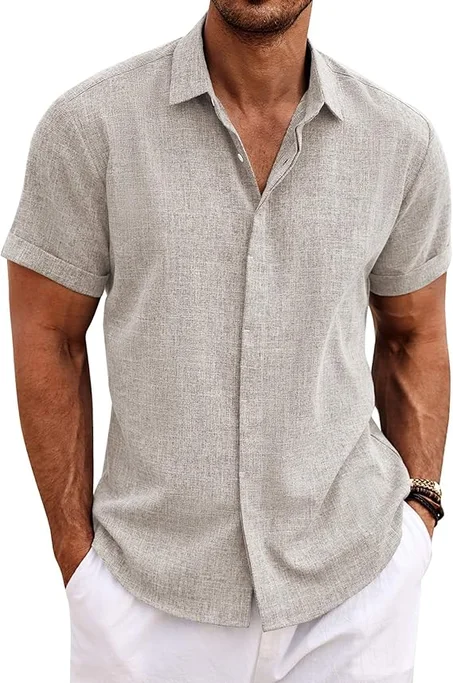 COOFANDY Camisas de lino para hombre de manga corta, camisas casuales con botones para hombre, camisa de playa de verano, camisa para boda