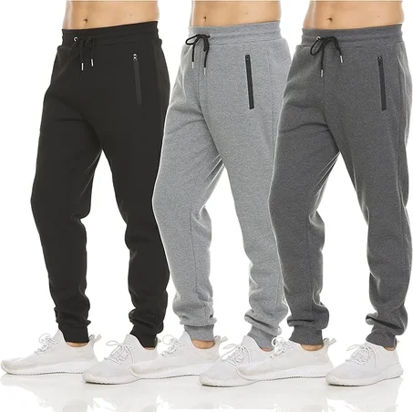 PURE CHAMP Paquete de 3 pantalones de chándal jogger de forro polar activos atléticos de entrenamiento para hombre con bolsillo con cremallera y cordón, talla S-3XL