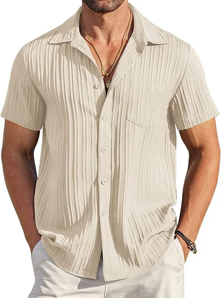COOFANDY - Camisas de botones casuales para hombre, de manga corta, con textura, camisa de playa de verano con bolsillo