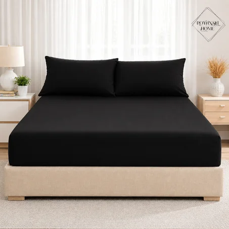 Drap-Housse 160x200 cm + 2 Taies d’Oreiller- Noir – Confort Haut de Gamme – Tissu Doux et Résistant