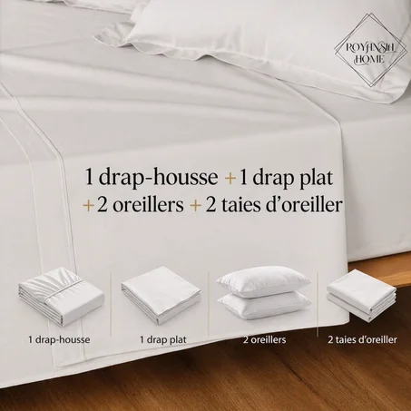 PACK DE BASE – "Confort Essentiel"- "1 Drap housse +1 Drap plat +2 Oreillers+ 2 Taie d’oreiller"- 180x200cm