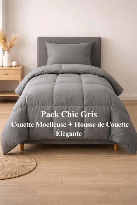 Pack Solo Chic Gris – Couette Moelleuse + Housse de Couette Élégante pour Lit 1 Place