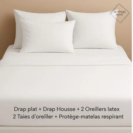 PACK LUXE LATEX – Soutien & Respiration (Drap plat + Drap Housse + 2 Oreillers latex + 2 T.O + Protège-matelas) - 140x190cm