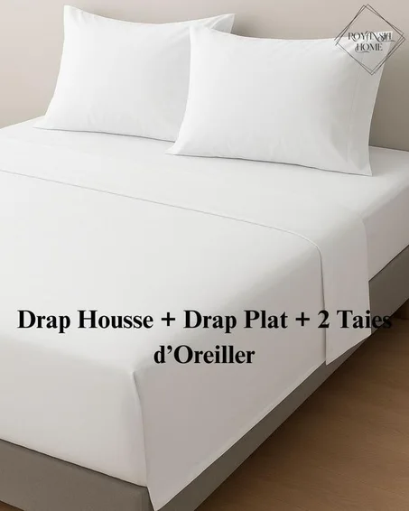 Pack Parure de Lit Blanche 180x200 cm – Drap Housse + Drap Plat + 2 Taies d’Oreiller
