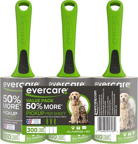 Evercare Rodillos multiusos para pelusas de mascotas, paquete de 3, 100 hojas cada uno, rodillo adhesivo reutilizable para pelo de mascotas, gatos y perros, removedor de pelusas, removedor de