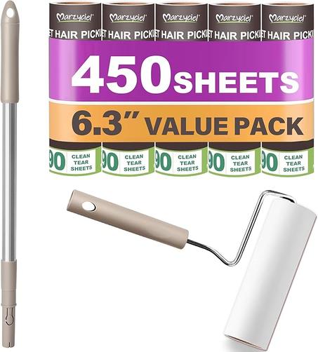 Removedor de pelo de mascotas de mango largo, rodillo extra pegajoso de gran superficie, 6.3 pulgadas, 450 piezas, utilizado para limpiar muebles, alfombras, suelos, sofás, removedor de pelo 