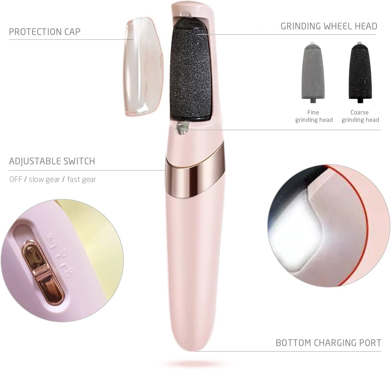Rechargeable electric foot file and massager with removable design, removes calluses and dead skin
